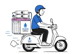 Aqua Cares technician delivering a water purifier by motorcycle
