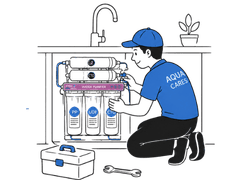 Aqua Cares technician installing an under-sink water purifier