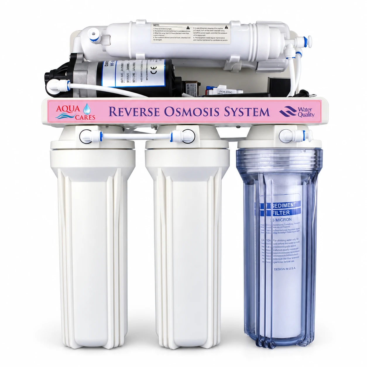 75G RO Water Purifier – Clear Housing Front View Front view of Aqua Cares RO purifier with two white housings and one clear sediment-filter housing