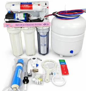 Aqua Cares RO purifier with clear housing, white storage tank, tubing, faucet and installation components