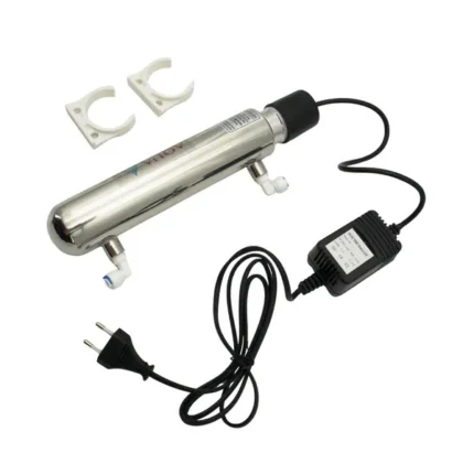 INV-UV-6W 6W: Stainless-steel UV water treatment set with power supply, quick-connect fittings and two mounting clips