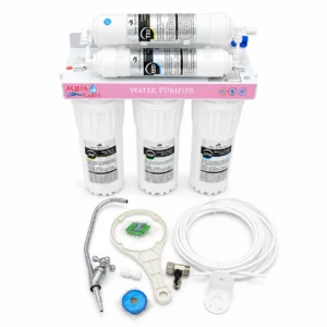 Aqua Cares UF-06 six-stage water purifier with faucet, tubing, wrench and installation fittings