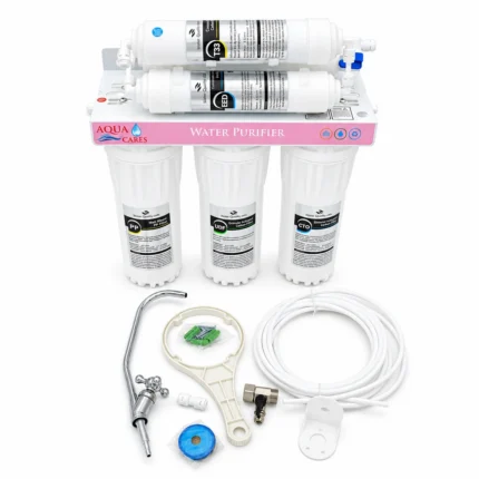 Aqua Cares UF-06 six-stage water purifier with faucet, tubing, wrench and installation fittings