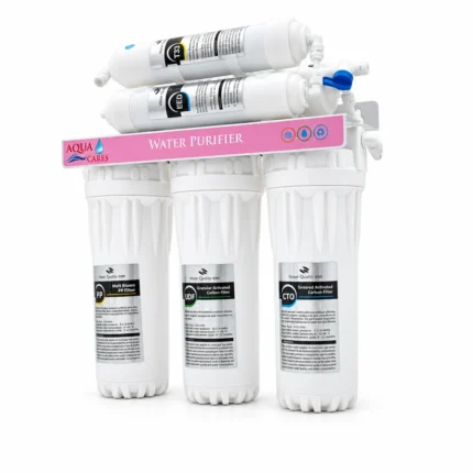 Aqua Cares UF-06 six-stage water purifier front view with three filter housings and inline cartridges
