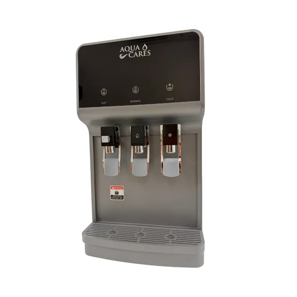 INV-TS-31-GRO Grey Countertop RO Water Purifier – Front View Grey INV-TS-31-GRO countertop RO water purifier with three dispensing taps