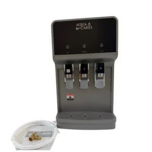 Grey countertop UF water purifier with water tubing and connection fittings