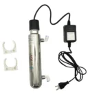 INV-UV-12W 12W: UV water treatment chamber with two mounting clips and ballast power supply