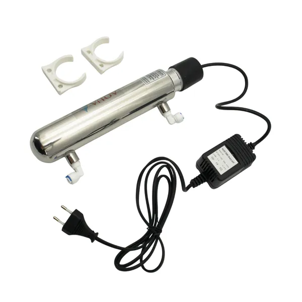 INV-UV-6W UV Set 6W – Angled View INV-UV-6W 6W: Stainless-steel UV water treatment set with power supply, quick-connect fittings and two mounting clips