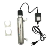 INV-UV-6W 6W: UV treatment chamber beside its ballast power supply and two mounting clips