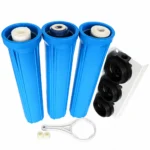 Three open blue INV-WF03-V2 housings with cartridges, detached filter heads, mounting bracket and housing wrench