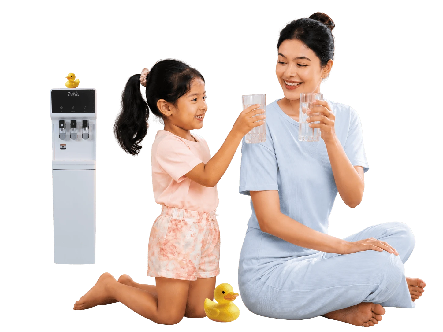 Mother and daughter enjoying glasses of drinking water beside an Aqua Cares water dispenser