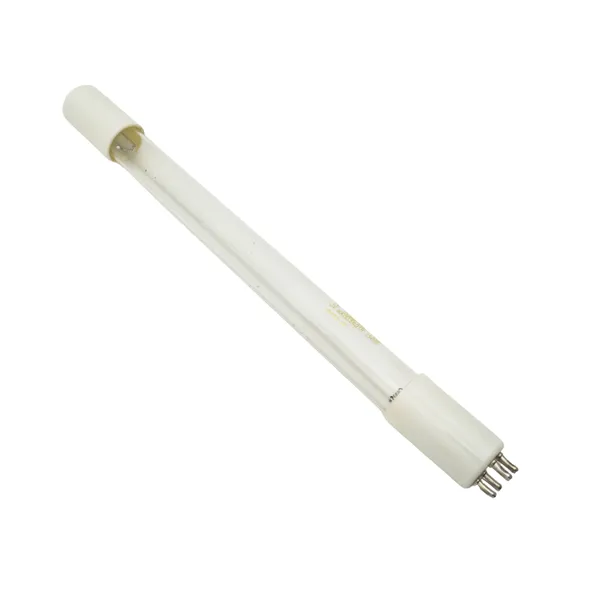 PRT-UV6W T5 UV 6W Lamp – Angled View PRT-UV6W 6W: T5 UV replacement lamp with white end caps and four pins at one end