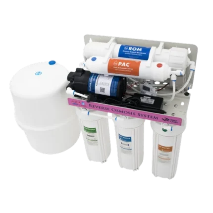 RO-90G reverse osmosis water purifier with all-white housings and pressure tank