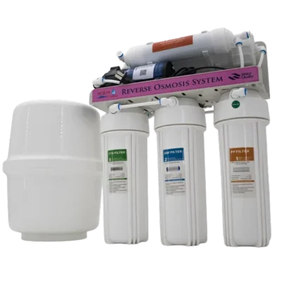 RO-90G reverse osmosis system with all-white filter housings and pressure tank, front view