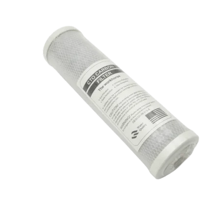 FLT-CTO-10 wrapped CTO carbon-block cartridge in an angled view showing mesh covering and white end caps