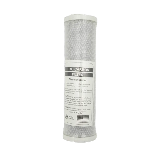 FLT-CTO-10 10-Inch CTO Carbon Filter – Front View FLT-CTO-10 10-inch CTO carbon-block cartridge in a front view with white end caps and mesh covering