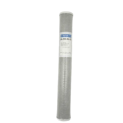 FLT-CTO-20 20-inch CTO carbon-block cartridge, front view, with mesh covering and white end caps