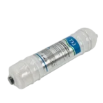 FLT-T33-10 T33 inline carbon filter cartridge in an angled view with protective port plugs