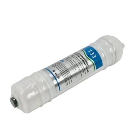 FLT-T33-10 T33 inline carbon filter cartridge in an angled view with protective port plugs