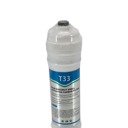 FLT-T33-10 white T33 inline coconut carbon filter cartridge in an upright view
