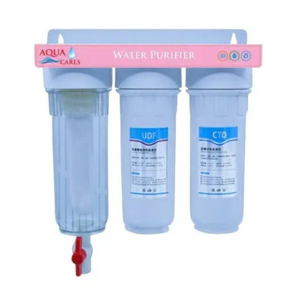 INV-UF-03-1T three-stage backwash pre-filter with one transparent housing, two white housings and a flushing valve on a white background