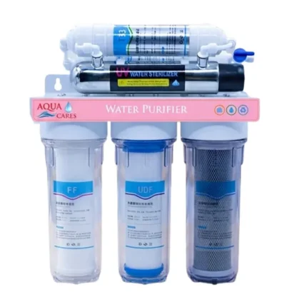 Aqua Cares UF-06-UV water purifier with transparent filter housings and UV sterilizer