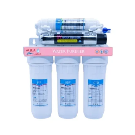 Aqua Cares UF-06-UV water purifier with white filter housings and UV sterilizer